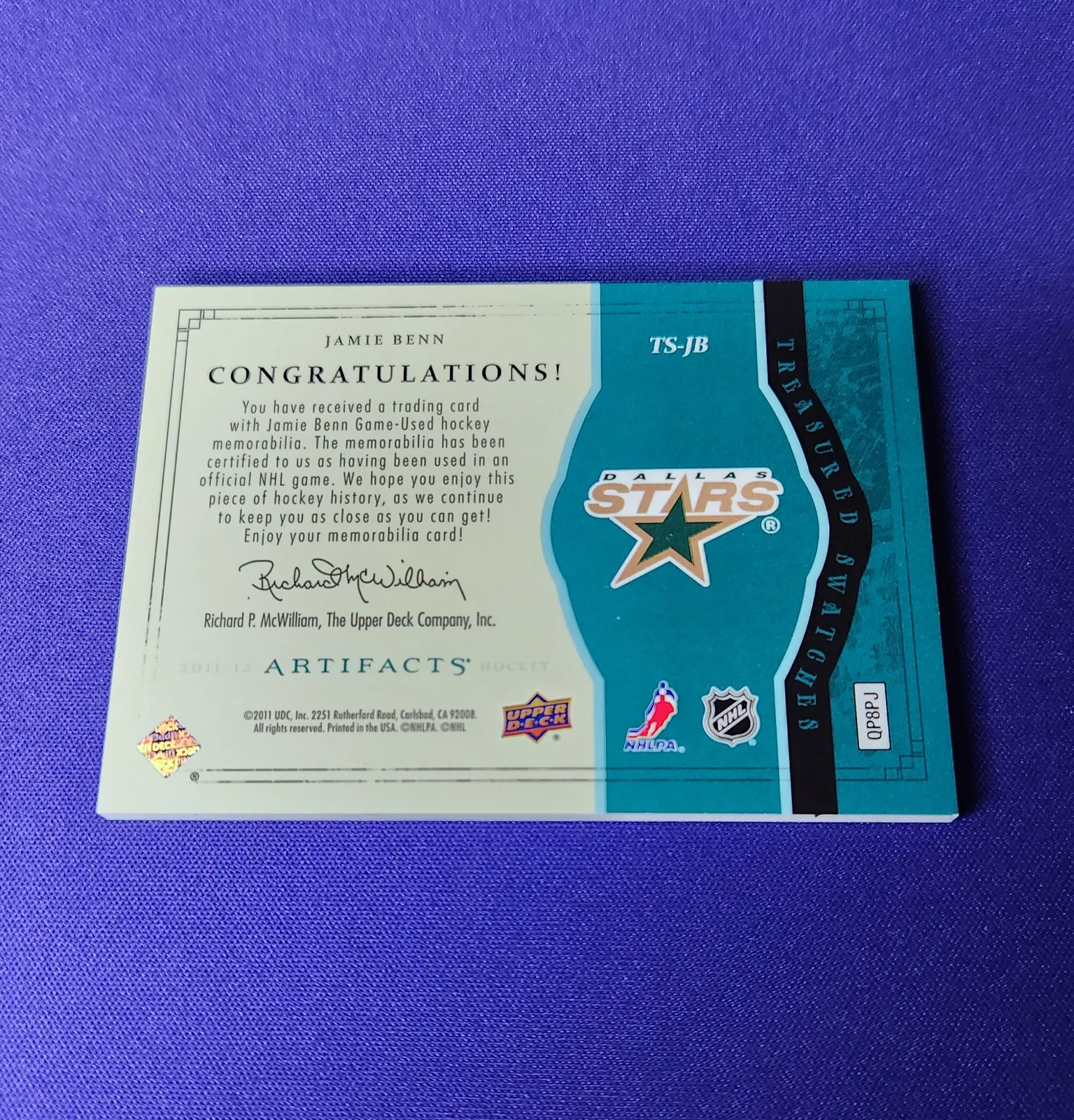 2011-12 UD Artifacts Treasured Swatches TS-JB Jamie Benn /35 - Image 2